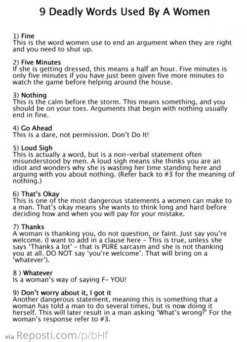9 Deadly Words Used By Women
