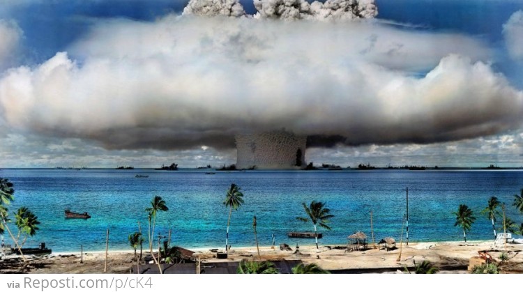 Full size photo depicting Atom Bombing at the Bikini Atoll