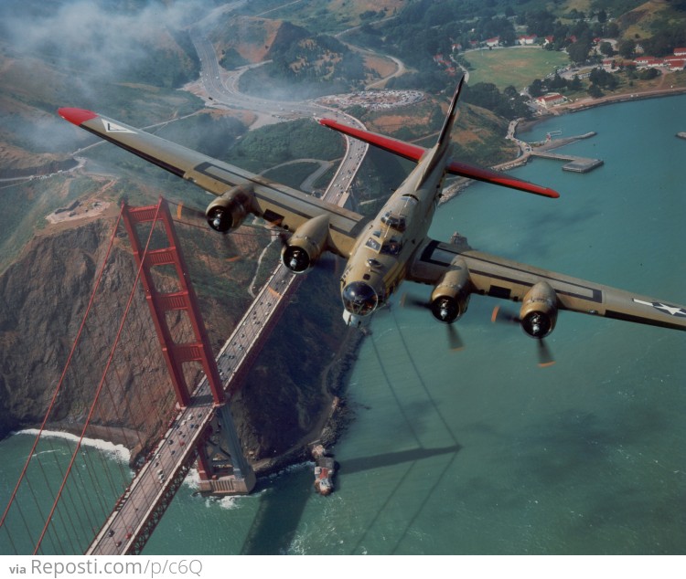 B-17 WWII bomber Flying Over The Golden Gate Bridge