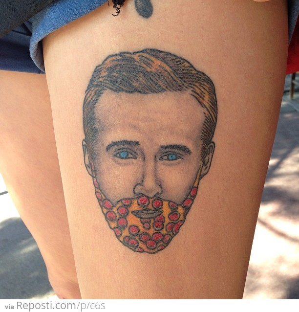 Ryan Gosling with a Pizza Beard Tattoo