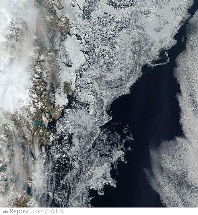 Sea ice swirling off the coast of Greenland in July