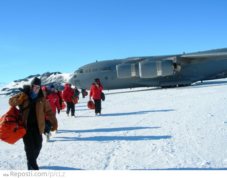 Getting off the plane in Antarctica