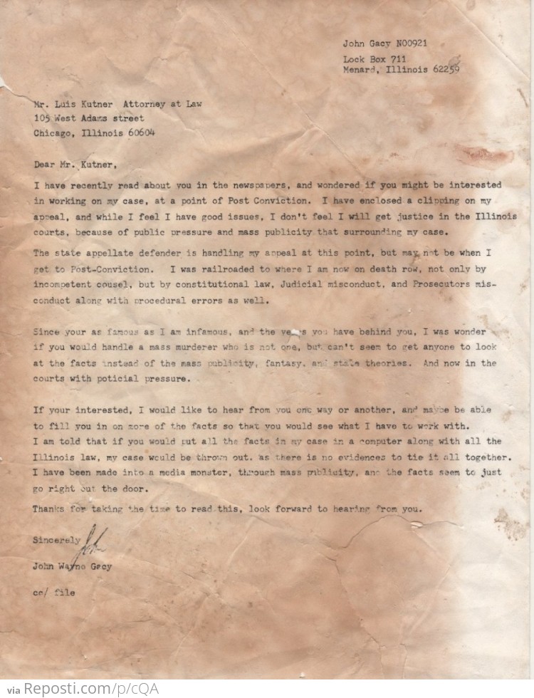 I found a letter in my basement from John Wayne Gacy.