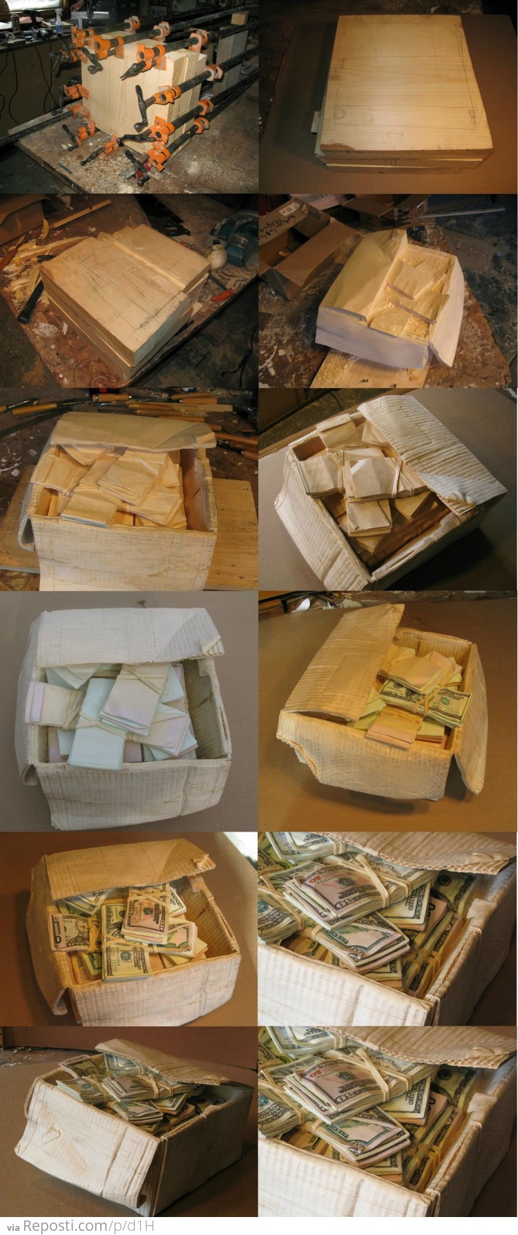 Block of wood into a box full of cash