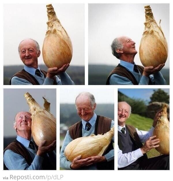 This man is too happy with this onion