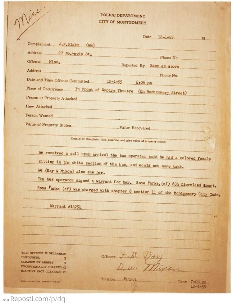 Police Report Filed in 1955