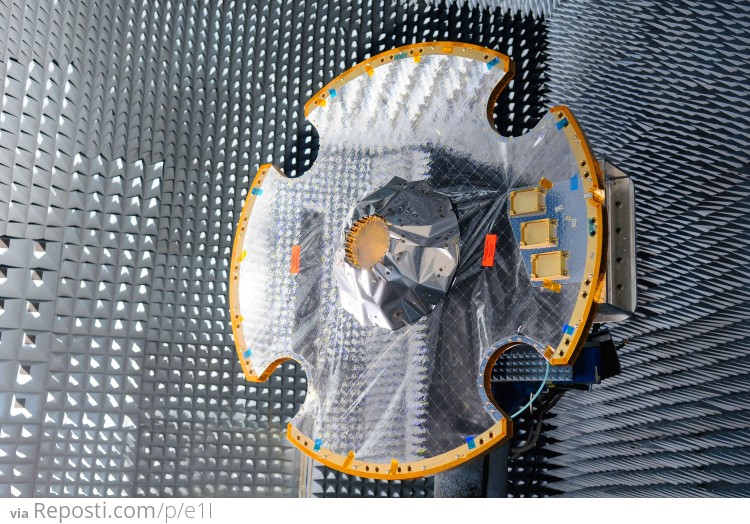 The 1.5m wide Gaia Antenna Panel, which contains the satellite’s Phased Array Antenna, is seen here inside the Antenna Test Facility at EADS CASA test facility in Madrid.