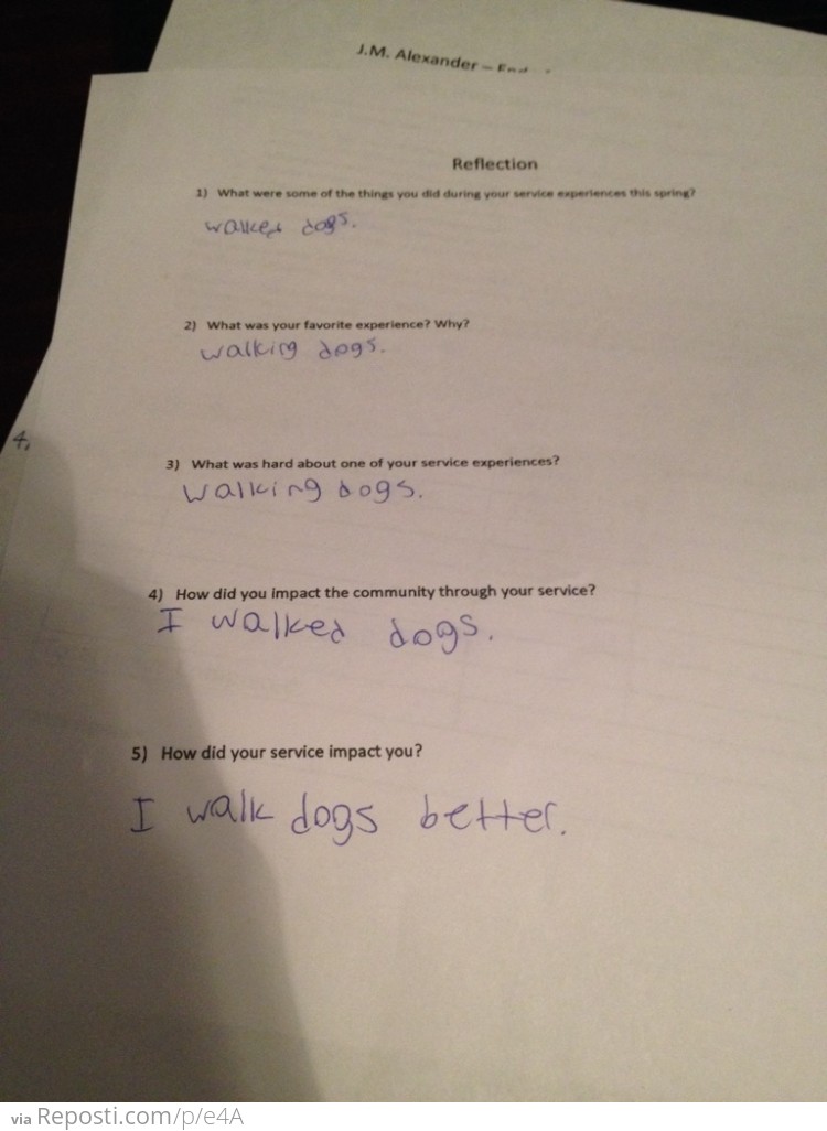 Son had to do community service and answer these questions