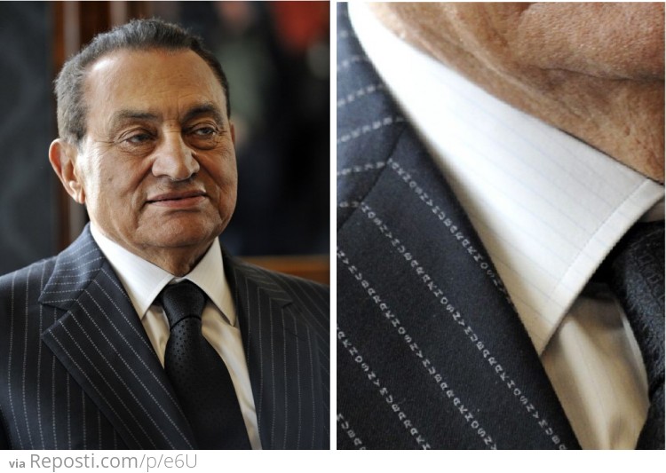 Hosni Mubarak's pinstripe suit spell out his name