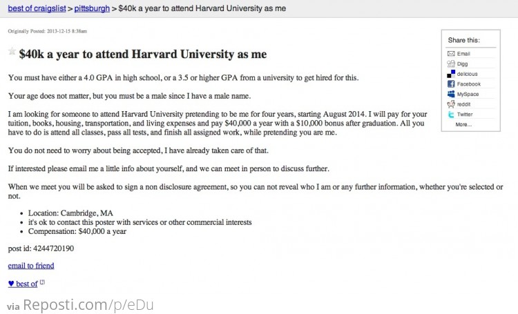 $40k a year to attend Harvard University as me