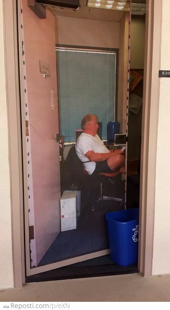 Professor is never in his office, so he put a giant poster of himself on the door