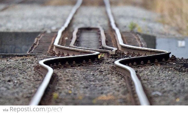 Railroad tracks distorted by an earthquake