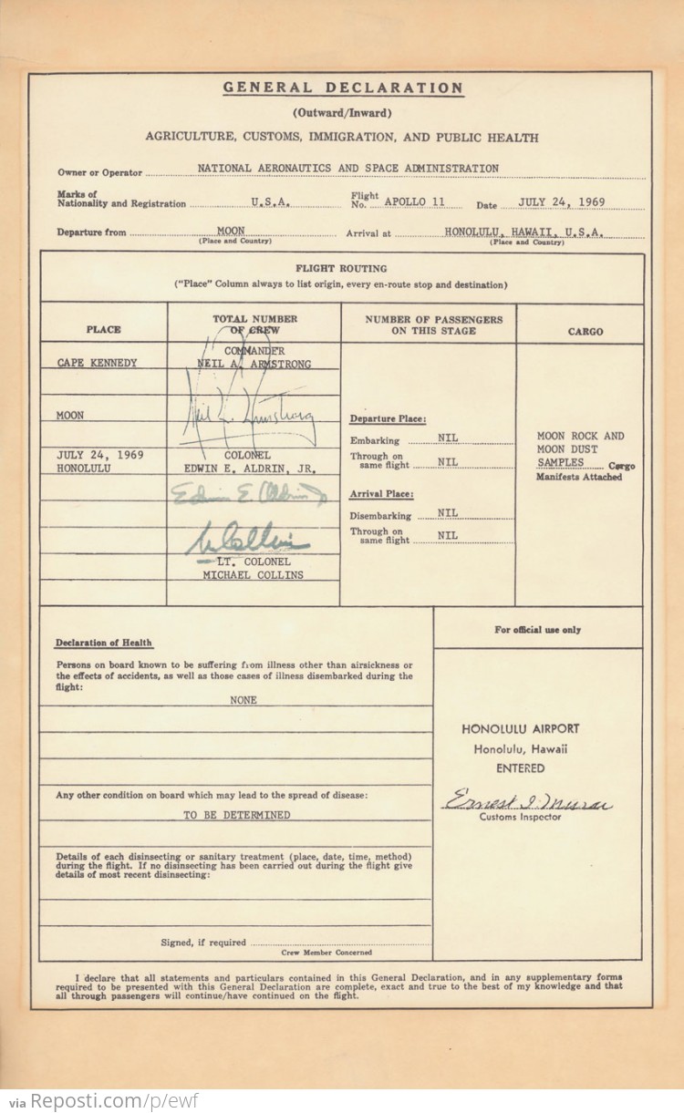 Apollo-11 Customs Declaration