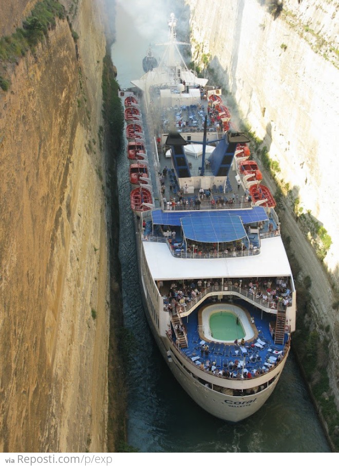 Cruise Ship squeezes through the Corinth Canal in Greece