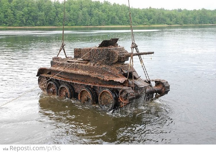 Soviet WWII Era Tank Being Pulled From a Lake