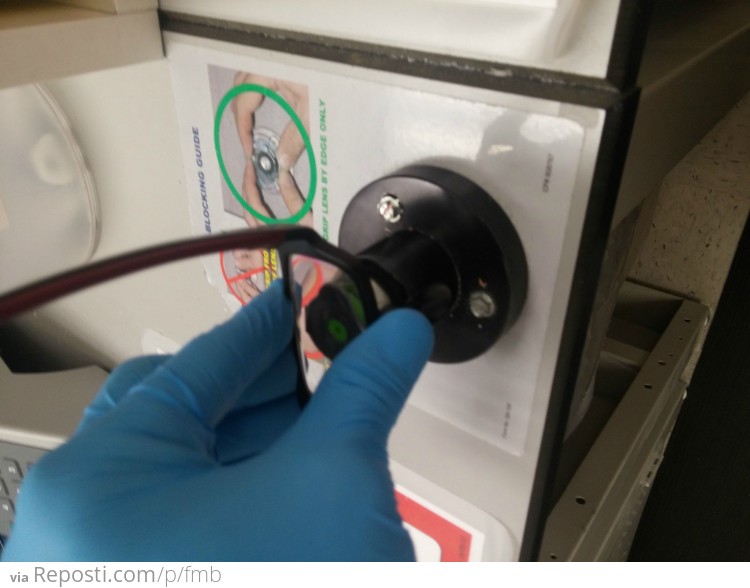 Here is a device used to grip the blocks as they are twisted off and removed from the lens.  If you decide to remove the blocks before mounting in the frame THIS is where you cut yourself.  Who ever said optics isn't dangerous was lying.