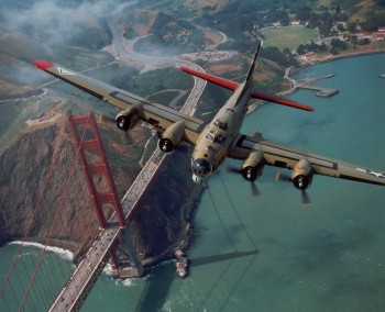 B-17 WWII bomber Flying Over The Golden Gate Bridge