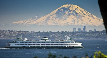 A Puget Sound Ferry with the Seattle Skyline and Mount Rainier