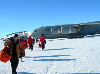 Getting off the plane in Antarctica