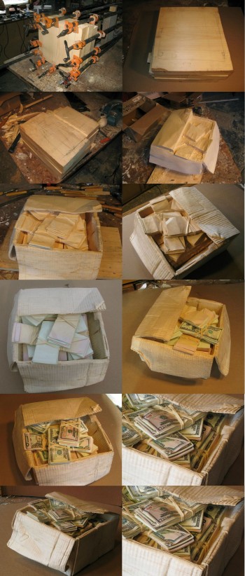 Block of wood into a box full of cash