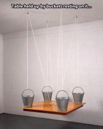 Table held up by buckets resting on it...