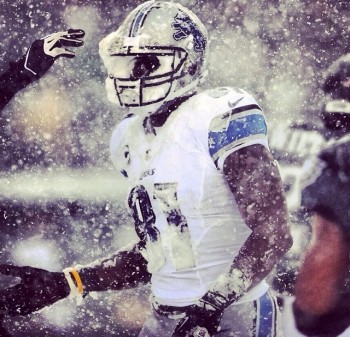 Calvin Johnson with a face full of snow