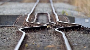 Railroad tracks distorted by an earthquake
