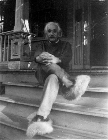 Einstein Wearing Fuzzy Slippers
