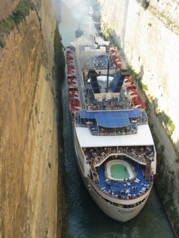 Cruise Ship squeezes through the Corinth Canal in Greece